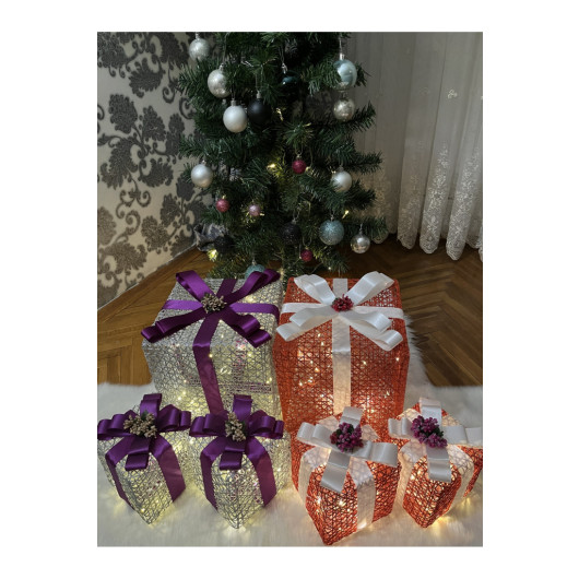 Decorative Led Lighted Gift Box Set White Purple Ribbon