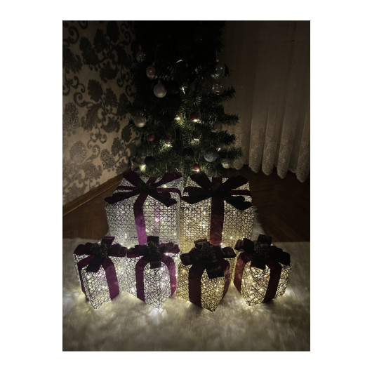 Decorative Led Lighted Gift Box Set Burgundy Purple Ribbon