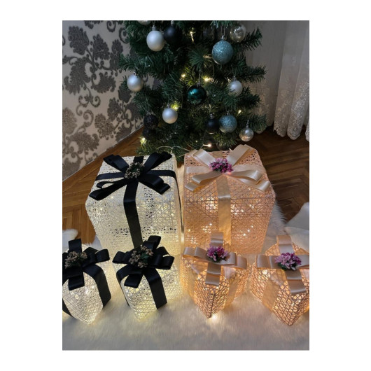 Decorative Led Lighted Gift Box Set Black Cream Ribbon