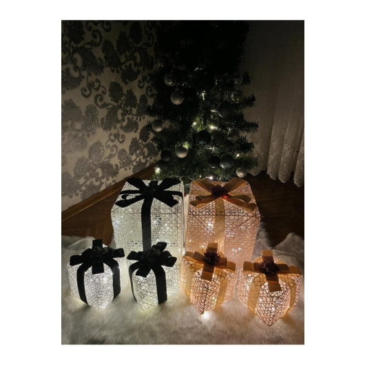 Decorative Led Lighted Gift Box Set Black Cream Ribbon