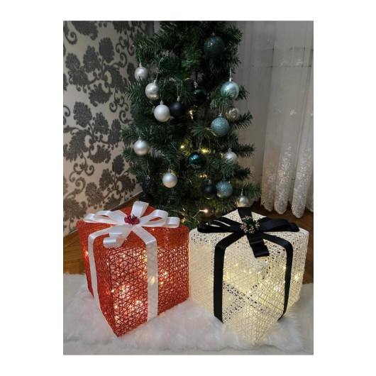 Decorative Led Lighted Gift Box 2 Pack White Black Ribbon