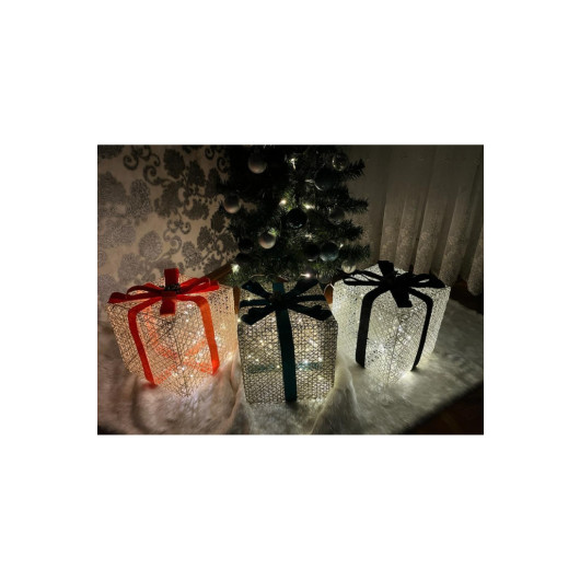 Decorative Led Lighted Gift Box 3 Packs Orange Blue Black Ribbon