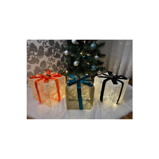 Decorative Led Lighted Gift Box 3 Packs Orange Blue Black Ribbon