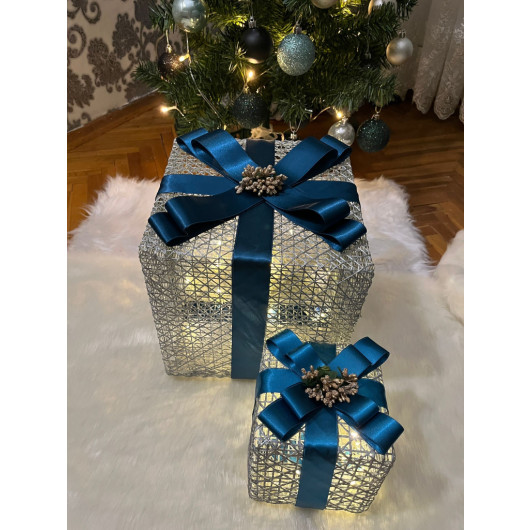 Decorative Christmas Tree With Six Led Lights Gift Box Set Of 2 Blue Ribbon