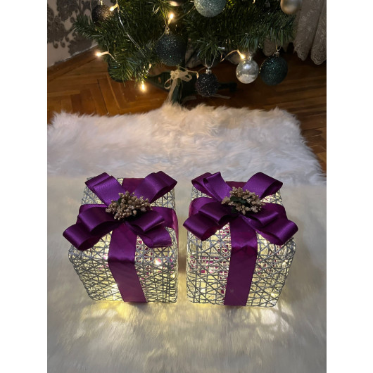 Decorative Christmas Tree With Six Led Lights Gift Box Set Of 2 Purple Ribbon