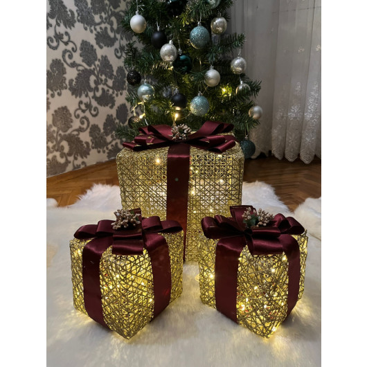 Decorative Christmas Tree Gift Box Set With Six Led Lights Burgundy Ribbon