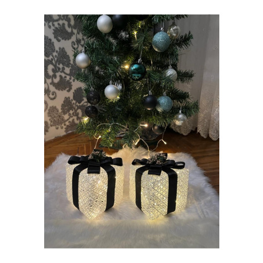 Decorative Led Lighted Gift Box Set Of 2 Black Ribbons