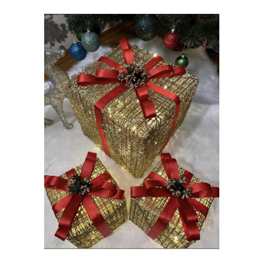 Decorative Led Lighted Gift Box Set Red Ribbon