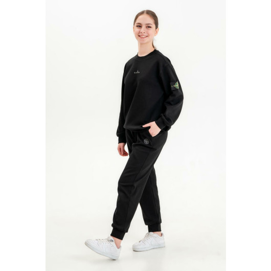 Crew Neck Printed Detailed Girls Tracksuit