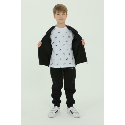 Crew Neck Boy T Shirt Printed Detail 3 Piece Tracksuit Set