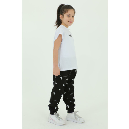 Crew Neck Girl Printed Detailed T Shirt And Tracksuit Set