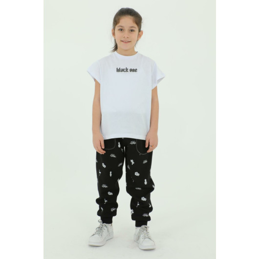 Crew Neck Girl Printed Detailed T Shirt And Tracksuit Set