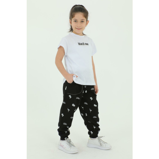 Crew Neck Girl Printed Detailed T Shirt And Tracksuit Set