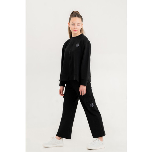 Crew Neck Girls Slit Detailed Cargo Pocket Tracksuit Set