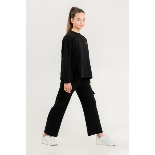 Crew Neck Girls Slit Detailed Cargo Pocket Tracksuit Set