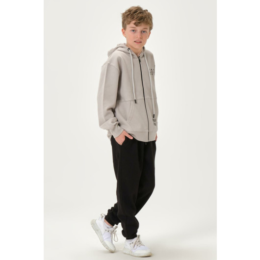 Pocket Printed Detail Zippered Hooded Boys Tracksuit