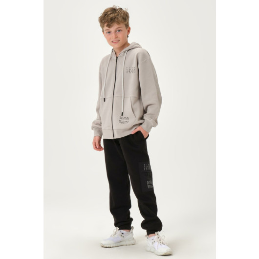 Pocket Printed Detail Zippered Hooded Boys Tracksuit