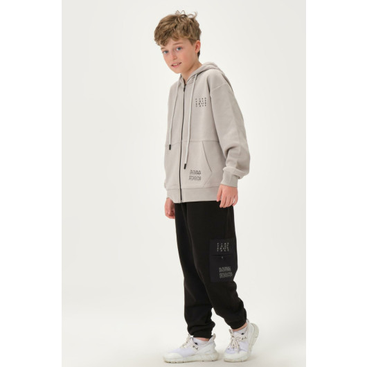 Pocket Printed Detail Zippered Hooded Boys Tracksuit