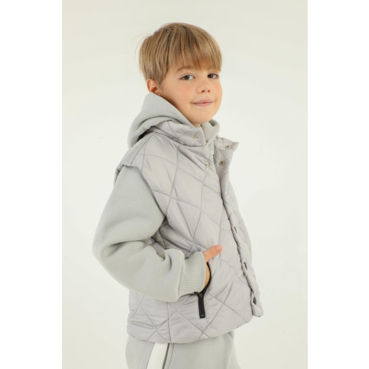 Stand Collar Diamond Pattern Detailed Boy Vest