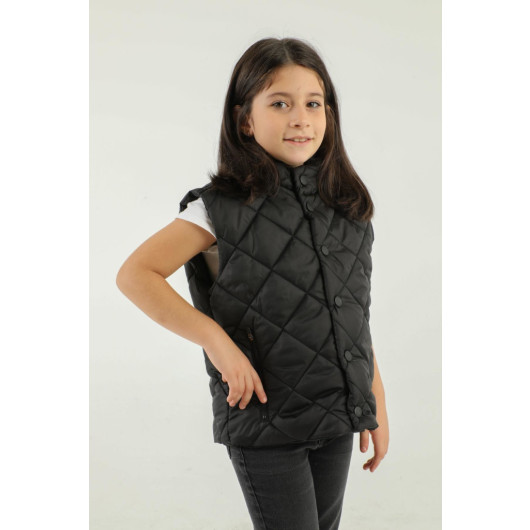 Stand Collar Diamond Pattern Detailed Girl Vest