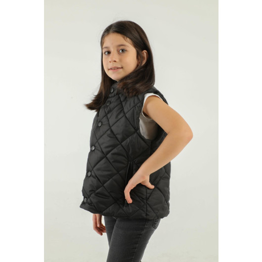 Stand Collar Diamond Pattern Detailed Girl Vest