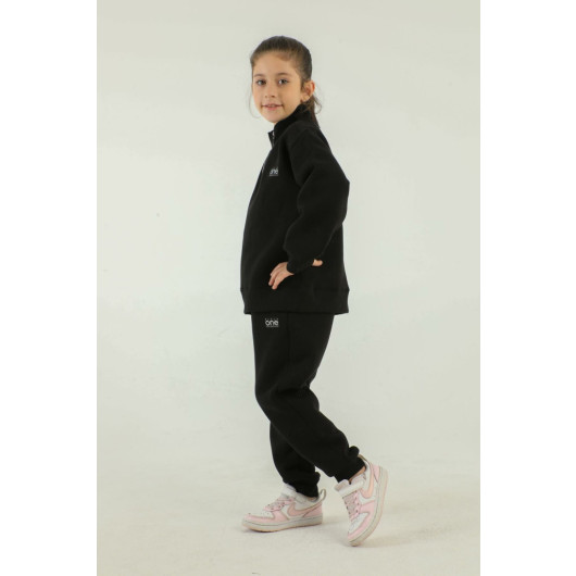 Stand Collar Printed Detailed Girls Tracksuit