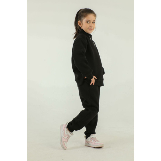 Stand Collar Printed Detailed Girls Tracksuit