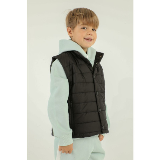 Stand Collar Button Detailed Double Pocket Boy Puffer Vest