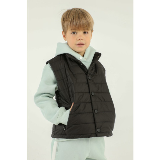 Stand Collar Button Detailed Double Pocket Boy Puffer Vest