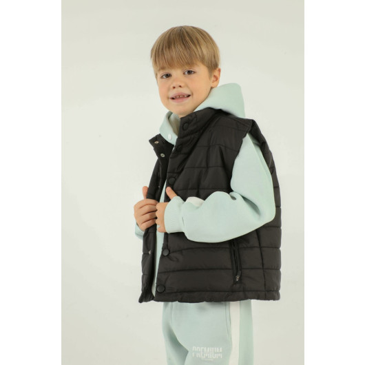 Stand Collar Button Detailed Double Pocket Boy Puffer Vest