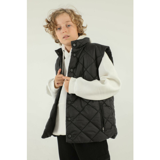 Stand Collar Button Detailed Boy Vest