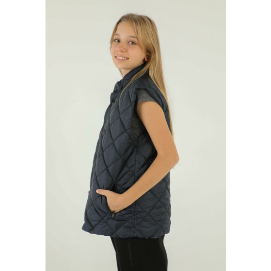 Stand Collar Button Detailed Girls Vest