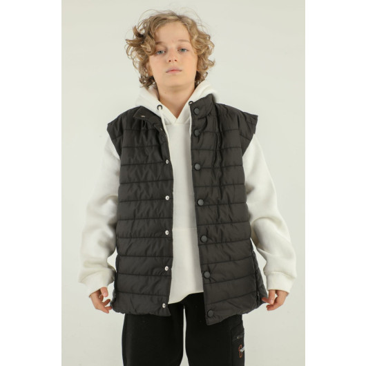 Stand Collar Zipper Double Pocket Detailed Boy Puffer Vest