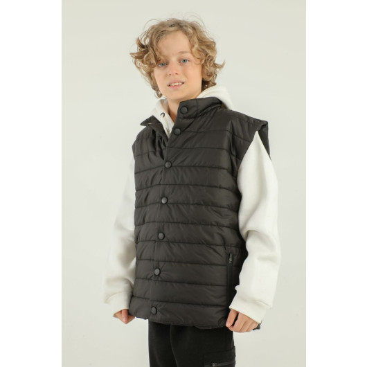 Stand Collar Zipper Double Pocket Detailed Boy Puffer Vest