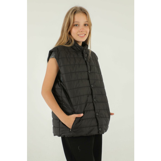 Stand Collar Zipper Double Pocket Detailed Girls Puffer Vest