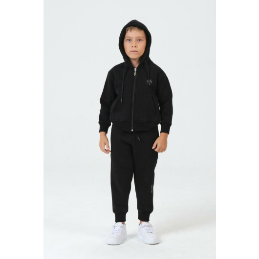 Boy Double Pocket Hooded Zippered Children Tracksuit