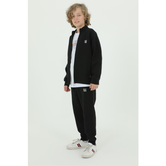 Boy Stand Collar Printed Detailed Double Pocket Cardigan Three Piece Tracksuit Set