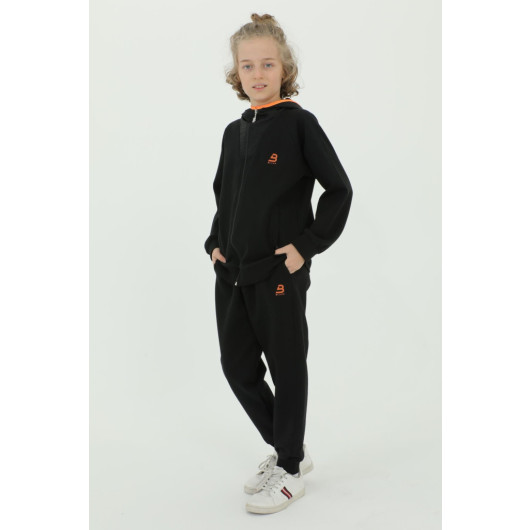 Boy Hooded Zipper Print Detailed Double Pocket Tracksuit Set