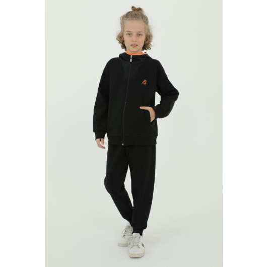 Boy Hooded Zipper Print Detailed Double Pocket Tracksuit Set