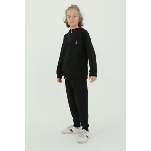 Boy Hooded Zipper Print Detailed Double Pocket Tracksuit Set