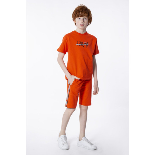 Boy Printed Detailed Crew Neck T Shirt Shorts Set