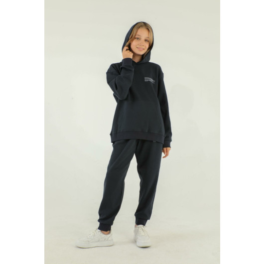 Basic Girl Tracksuit With Hooded Print Detail