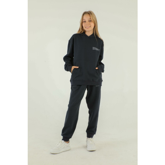 Basic Girl Tracksuit With Hooded Print Detail