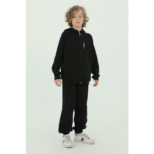 Hooded Printed Detailed Pique Fabric Boys Tracksuit