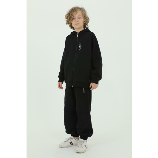 Hooded Printed Detailed Pique Fabric Boys Tracksuit