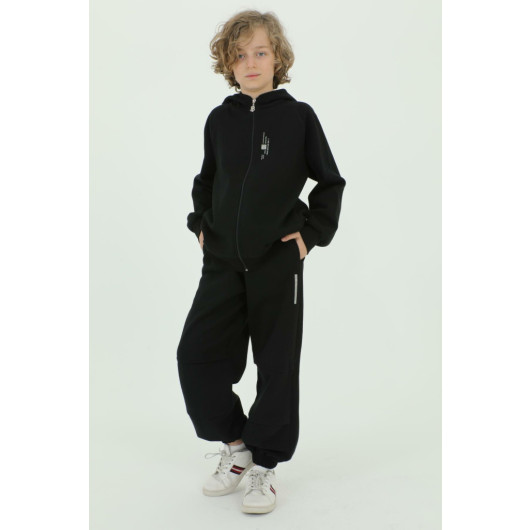 Hooded Printed Detailed Pique Fabric Boys Tracksuit