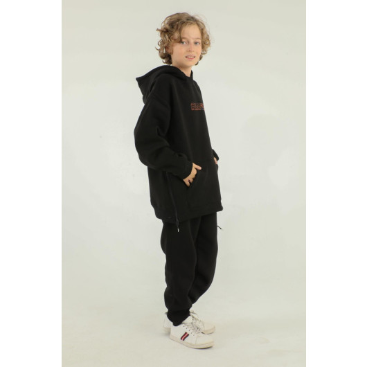 Hooded Cargo Pocket Side Zipper Detailed Thick Boys Tracksuit