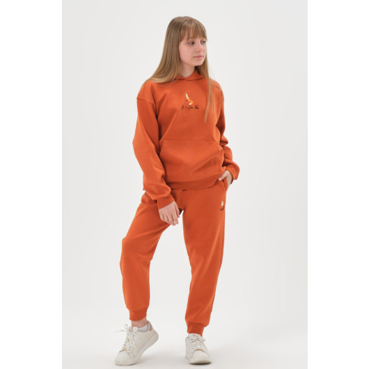 Hooded Embroidered Detailed Girls Tracksuit