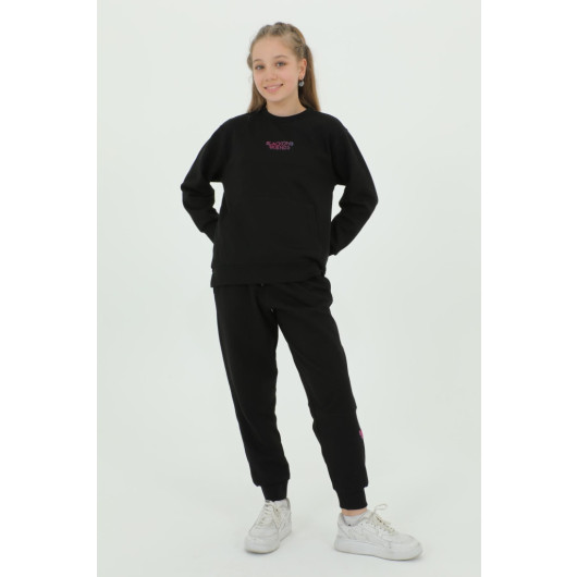 Girls Crew Neck Printed Detailed Elastic Waist Tracksuit