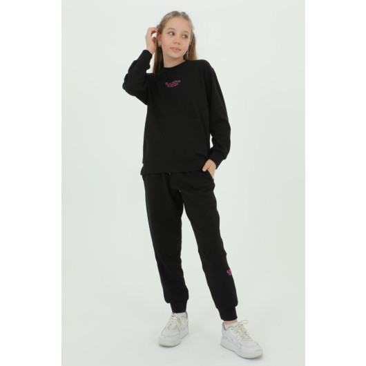 Girls Crew Neck Printed Detailed Elastic Waist Tracksuit